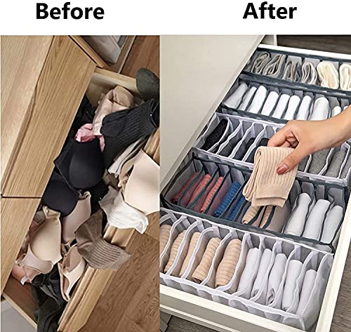 Upwsma Underwear Drawer Organizer Set, Foldable Underwear Storage Divider Boxes Includes 6/7/11 Cell Collapsible Closet Compartments for Socks, Bras, Underwear, Ties, Lingerie, Scarves (Black, 3 Set)