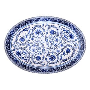 sonemone blue marrakesh tile floral serving platter, 14 inch oval serving platter, ceramic party serving dishes for entertaining, turkey, pizza, microwave & dishwasher safe