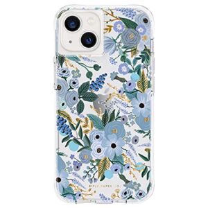 rifle paper co. iphone 13 case for women [10ft drop protection] [wireless charging] floral print phone case for iphone 13, slim iphone case, anti scratch, shock absorbing materials -garden party blue