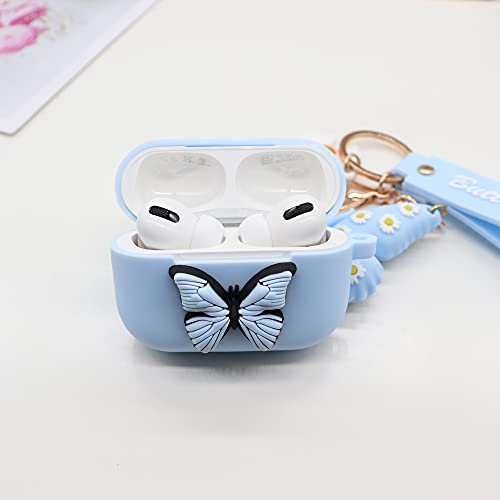 Jeriwell for Airpod Pro Case Cover Cute 3D Butterfly with Keychain Waterproof Liquid Silicone Compatible with Airpods Pro Charging Case for Women Girl (Light Blue)