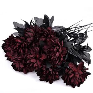 Artflower 10 Pack Artificial Silk Dahlia Bouquet Fake Flower Floral Arrangements Wedding Bridal Bouquet for Halloween Harvest Festival Table Centerpieces Home Decor, Wine Red, 16”