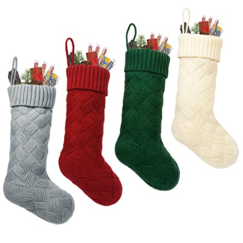 ROSFORU Knit Christmas Stockings, 4 Pack Large Size Candy Gift Bag Personalized Decoration Weave Xmas Socks, Classic Style（Ivory White, Green, Gray, Burgundy）