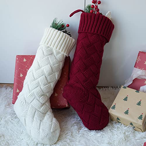 ROSFORU Knit Christmas Stockings, 4 Pack Large Size Candy Gift Bag Personalized Decoration Weave Xmas Socks, Classic Style（Ivory White, Green, Gray, Burgundy）