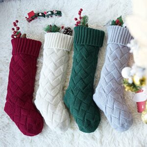 ROSFORU Knit Christmas Stockings, 4 Pack Large Size Candy Gift Bag Personalized Decoration Weave Xmas Socks, Classic Style（Ivory White, Green, Gray, Burgundy）