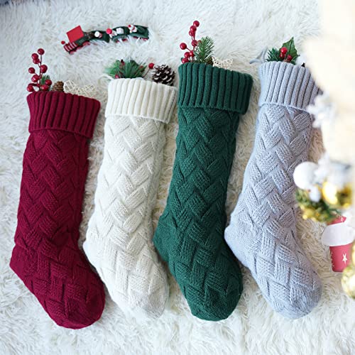 ROSFORU Knit Christmas Stockings, 4 Pack Large Size Candy Gift Bag Personalized Decoration Weave Xmas Socks, Classic Style（Ivory White, Green, Gray, Burgundy）