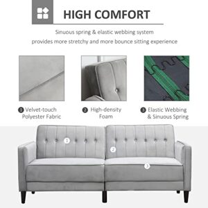 HOMCOM Convertible Sleeper Sofa, Futon Sofa Bed with Split Back Design Recline, Thick Padded Velvet-Touch Cushion Seating and Wood Legs, Light Grey