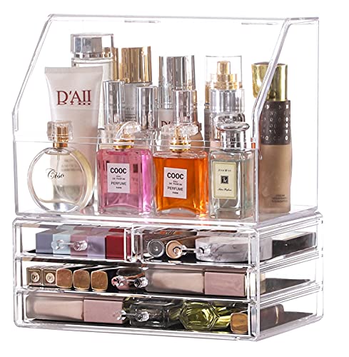 Clear Large Acrylic Makeup Storage Organizer Drawers for Vanity,Cosmetics Display Cases With lid,Dustproof Waterproof for Bathroom Counter Dresser Lotions Skin Care Beauty Skincare Product Organizing