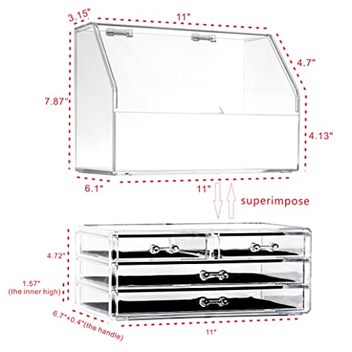 Clear Large Acrylic Makeup Storage Organizer Drawers for Vanity,Cosmetics Display Cases With lid,Dustproof Waterproof for Bathroom Counter Dresser Lotions Skin Care Beauty Skincare Product Organizing