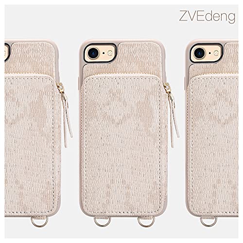 iPhone SE 2022 Wallet Case, iPhone 8 Crossbody Case, ZVEdeng Zipper Wallet Card Holder Crossbody Strap Case Shockproof Leather Purse Case for iPhone SE 3rd Gen (2022) 2020/8/7 4.7'' Lizard Skin Beige