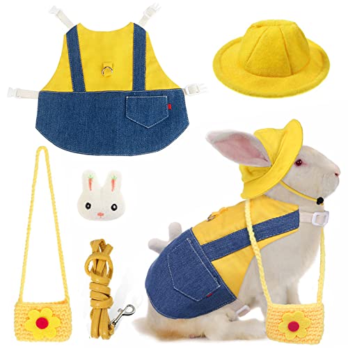 Pet Rabbit Dresses, 5 Pcs Denim Small Animal Harness Vest and Leash Set, Guinea Pig Clothes with Mini Hat Bag, Towing Rope Accessory Set for Bunny Rabbits Hamsters Mini Cats Dogs and Small Animals, M
