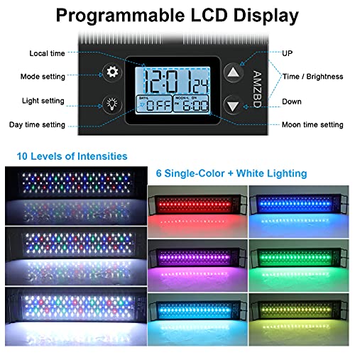 AMZBD Aquarium Lights, LED Aquariums Lights with Full Spectrum Adjustable 7 Colors,Programmable,Waterproof,Timer&DIY Mode for Freshwater Fish Tank or Plants Tank,Extendable Brackets (24-30 inch)