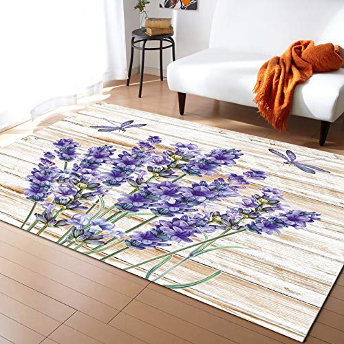 Indoor Area Rug 2' x 3' Purple Floral Lavender Dragonfly, Non-Slip Floor Rugs for Living Room/Bedroom/Baby Room/Nursery, Throw Carpet Floor Modern Home Decor Retro Country Wooden Board