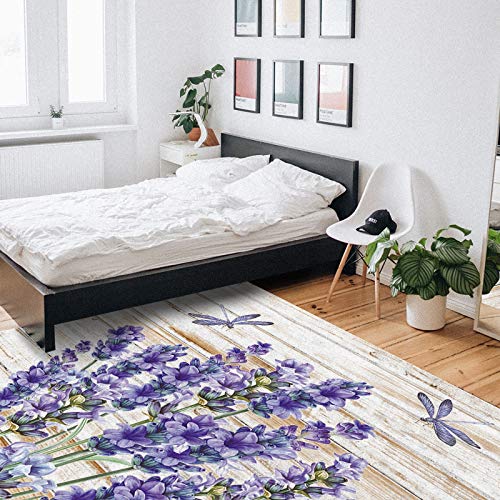 Indoor Area Rug 2' x 3' Purple Floral Lavender Dragonfly, Non-Slip Floor Rugs for Living Room/Bedroom/Baby Room/Nursery, Throw Carpet Floor Modern Home Decor Retro Country Wooden Board