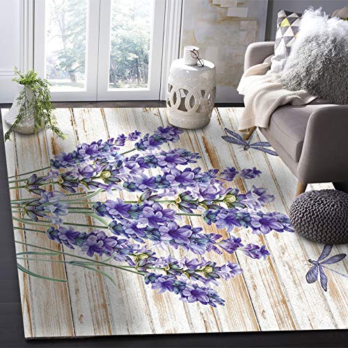 Indoor Area Rug 2' x 3' Purple Floral Lavender Dragonfly, Non-Slip Floor Rugs for Living Room/Bedroom/Baby Room/Nursery, Throw Carpet Floor Modern Home Decor Retro Country Wooden Board