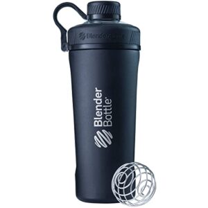 BlenderBottle Strada Shaker Cup Insulated Stainless Steel Water Bottle with Wire Whisk, 24-Ounce, Black & Radian Shaker Cup Insulated Stainless Steel Water Bottle, 26-Ounce, Matte Black