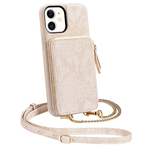 iPhone 11 Wallet Case, iPhone 11 Crossbody Case, ZVEdeng Card Holder Crossbody Wallet Zipper Case for Women Wrist Strap Shockproof Leather Case for Apple iPhone 11 6.1'' Lizard Skin Apricot