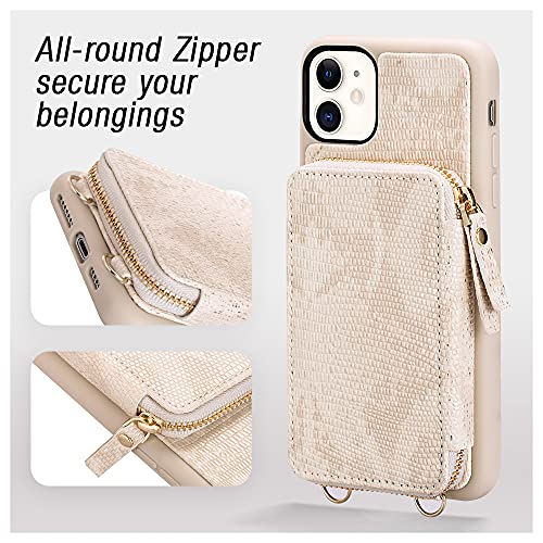 iPhone 11 Wallet Case, iPhone 11 Crossbody Case, ZVEdeng Card Holder Crossbody Wallet Zipper Case for Women Wrist Strap Shockproof Leather Case for Apple iPhone 11 6.1'' Lizard Skin Apricot