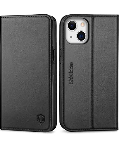 SHIELDON Case for iPhone 13 Wallet Case, Genuine Leather Case with Kickstand RFID Blocking Credit Card Holder Shockproof Full Protection Magnetic Case Compatible with iPhone 13 5G 6.1" 2021 - Black