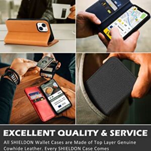 SHIELDON Case for iPhone 13 Wallet Case, Genuine Leather Case with Kickstand RFID Blocking Credit Card Holder Shockproof Full Protection Magnetic Case Compatible with iPhone 13 5G 6.1" 2021 - Black