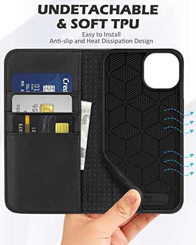 SHIELDON Case for iPhone 13 Wallet Case, Genuine Leather Case with Kickstand RFID Blocking Credit Card Holder Shockproof Full Protection Magnetic Case Compatible with iPhone 13 5G 6.1" 2021 - Black