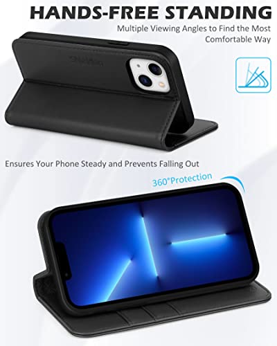 SHIELDON Case for iPhone 13 Wallet Case, Genuine Leather Case with Kickstand RFID Blocking Credit Card Holder Shockproof Full Protection Magnetic Case Compatible with iPhone 13 5G 6.1" 2021 - Black