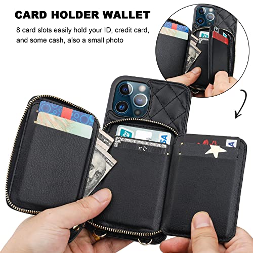 Bocasal Crossbody Wallet Case for iPhone 13 Pro Max, RFID Blocking PU Leather Zipper Handbag Purse Flip Cover, Kickstand Folio Case with Card Slots Holder Wrist Strap Lanyard 5G 6.7 Inch (Black)