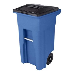 toter 32 gal. blue trash can with quiet wheels and attached black lid