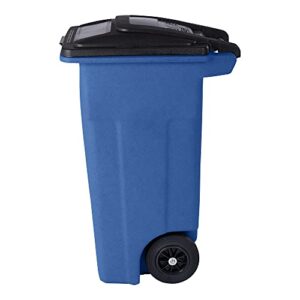 Toter 32 Gal. Blue Trash Can with Quiet Wheels and Attached Black Lid