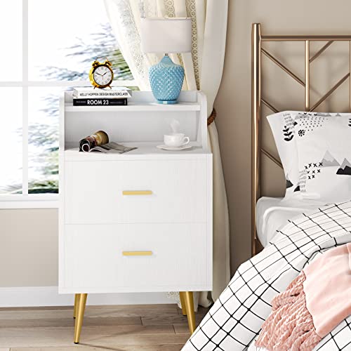 Tribesigns Nightstand, Modern Bedside Table with 2 Drawers and Heightened Open Shelf, End or Side Table with Golden Metal Legs, Bed Night Table for Bedroom(White), Storage Wooden Night Stand (1 pc)