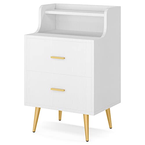 Tribesigns Nightstand, Modern Bedside Table with 2 Drawers and Heightened Open Shelf, End or Side Table with Golden Metal Legs, Bed Night Table for Bedroom(White), Storage Wooden Night Stand (1 pc)