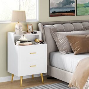 Tribesigns Nightstand, Modern Bedside Table with 2 Drawers and Heightened Open Shelf, End or Side Table with Golden Metal Legs, Bed Night Table for Bedroom(White), Storage Wooden Night Stand (1 pc)