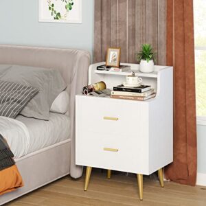 Tribesigns Nightstand, Modern Bedside Table with 2 Drawers and Heightened Open Shelf, End or Side Table with Golden Metal Legs, Bed Night Table for Bedroom(White), Storage Wooden Night Stand (1 pc)