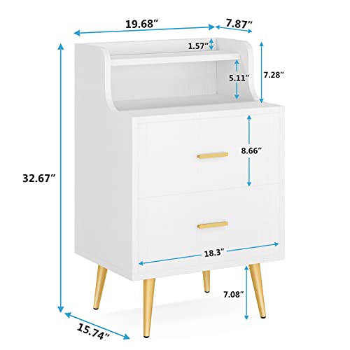 Tribesigns Nightstand, Modern Bedside Table with 2 Drawers and Heightened Open Shelf, End or Side Table with Golden Metal Legs, Bed Night Table for Bedroom(White), Storage Wooden Night Stand (1 pc)