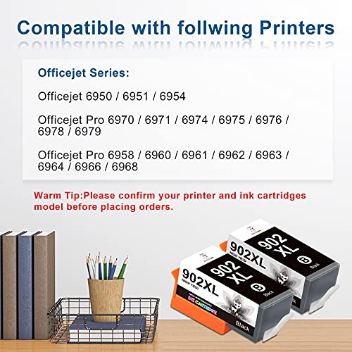 Miss Deer 902XL Black Compatible Ink Cartridge(Upgrade Chip)Replacement for HP 902 XL 902XL Ink Cartridge,Work for HP OfficeJet Pro 6950 6951 6954 6958 6962 6960 6961 6968 6970 6975 6978 6979(2 Black)