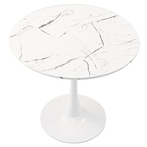 vonluce 32 inch round dining table with faux marble top for kitchen bar patio and more, modern small coffee table living room accent table with tulip style metal base and 165lb capacity for 2-4, white