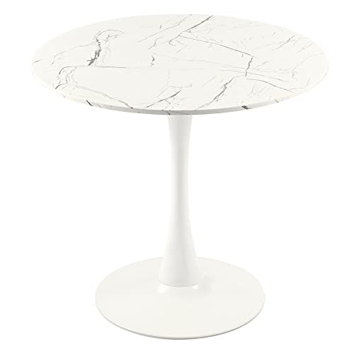 VONLUCE 32 Inch Round Dining Table with Faux Marble Top for Kitchen Bar Patio and More, Modern Small Coffee Table Living Room Accent Table with Tulip Style Metal Base and 165lb Capacity for 2-4, White