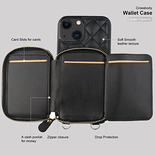 Bocasal Crossbody Wallet Case for iPhone 13, RFID Blocking PU Leather Zipper Handbag Purse Flip Cover, Kickstand Folio Case with Card Slots Holder Wrist Strap Lanyard 5G 6.1 Inch (Black)