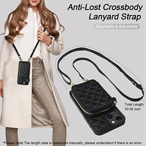 Bocasal Crossbody Wallet Case for iPhone 13, RFID Blocking PU Leather Zipper Handbag Purse Flip Cover, Kickstand Folio Case with Card Slots Holder Wrist Strap Lanyard 5G 6.1 Inch (Black)