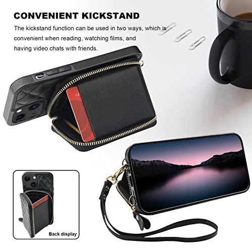 Bocasal Crossbody Wallet Case for iPhone 13, RFID Blocking PU Leather Zipper Handbag Purse Flip Cover, Kickstand Folio Case with Card Slots Holder Wrist Strap Lanyard 5G 6.1 Inch (Black)