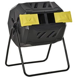 outsunny tumbling compost bin outdoor 360° dual chamber rotating composter 43 gallon, yellow