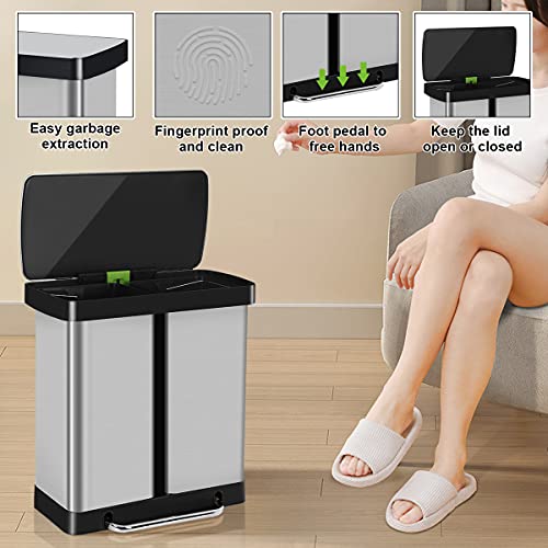 Kitchen Trash Can 16 Gallon/ 60L Stainless Steel Trash Can with Lid & Double Barrel, High-Capacity Step Garbage Can Classified Recycle Rubbish Bin for Bathroom Bedroom Home Office