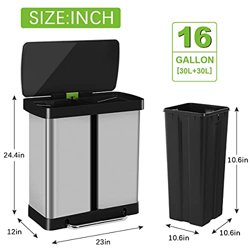 Kitchen Trash Can 16 Gallon/ 60L Stainless Steel Trash Can with Lid & Double Barrel, High-Capacity Step Garbage Can Classified Recycle Rubbish Bin for Bathroom Bedroom Home Office