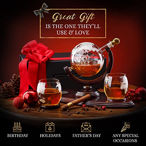 Globe Whiskey Decanter Gift Set by Royal Reserve | Handmade Home Bar Decor Airtight Liquor Dispenser with Scotch Glasses Coasters – Gift for Men Dad Boyfriend Husband Anniversary or Retirement 850 ML