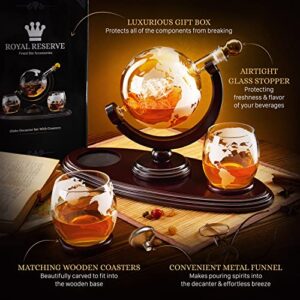 Globe Whiskey Decanter Gift Set by Royal Reserve | Handmade Home Bar Decor Airtight Liquor Dispenser with Scotch Glasses Coasters – Gift for Men Dad Boyfriend Husband Anniversary or Retirement 850 ML