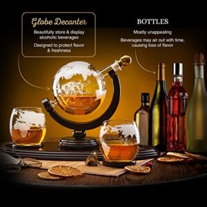 Globe Whiskey Decanter Gift Set by Royal Reserve | Handmade Home Bar Decor Airtight Liquor Dispenser with Scotch Glasses Coasters – Gift for Men Dad Boyfriend Husband Anniversary or Retirement 850 ML