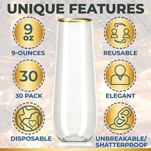 30 Plastic Stemless Champagne Flutes - Disposable Unbreakable 9 Oz toasting glasses, With Gold rim | Reusable, Clear, Fancy & Shatterproof Champagne Glasses - Ideal for Weddings, Birthdays, Parties