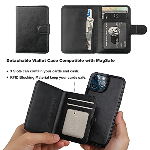 Bocasal Wallet Case for iPhone 12/12 Pro Compatible with MagSafe Magnetic RFID Blocking Detachable Premium PU Leather Flip Case with Card Slots Holder Kickstand Wireless Charging 6.1 Inch (Black)