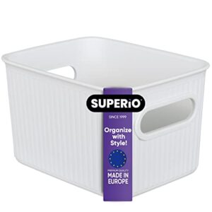 superio decorative plastic open home storage bins organizer baskets, small white (1 pack) container boxes for organizing closet shelves drawer shelf - ribbed collection 1.5 liter