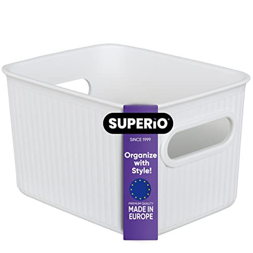 Superio Decorative Plastic Open Home Storage Bins Organizer Baskets, Small White (1 Pack) Container Boxes for Organizing Closet Shelves Drawer Shelf - Ribbed Collection 1.5 Liter