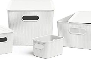 Superio Decorative Plastic Open Home Storage Bins Organizer Baskets, Small White (1 Pack) Container Boxes for Organizing Closet Shelves Drawer Shelf - Ribbed Collection 1.5 Liter